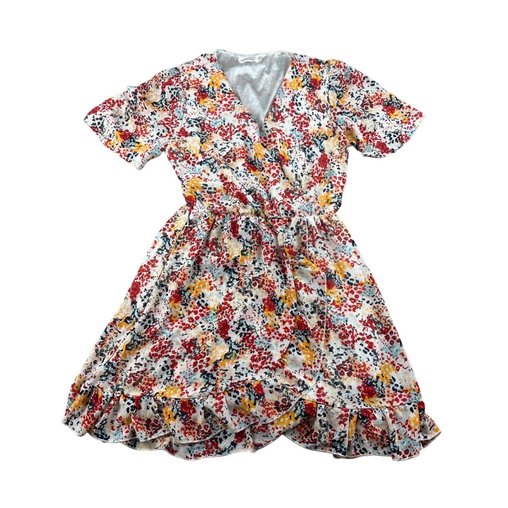 Amelia Mini Dress Women XS Multi Color Floral Faux Wrap Flutter Sleeve Boho